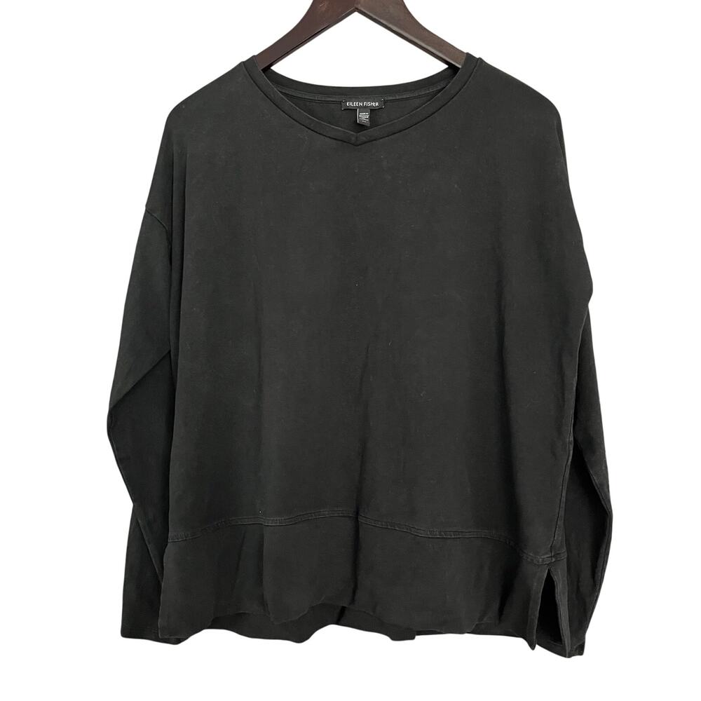 Eileen Fisher Women S Black V Neck Long Sleeve Top Oversized Boxy Side Slit